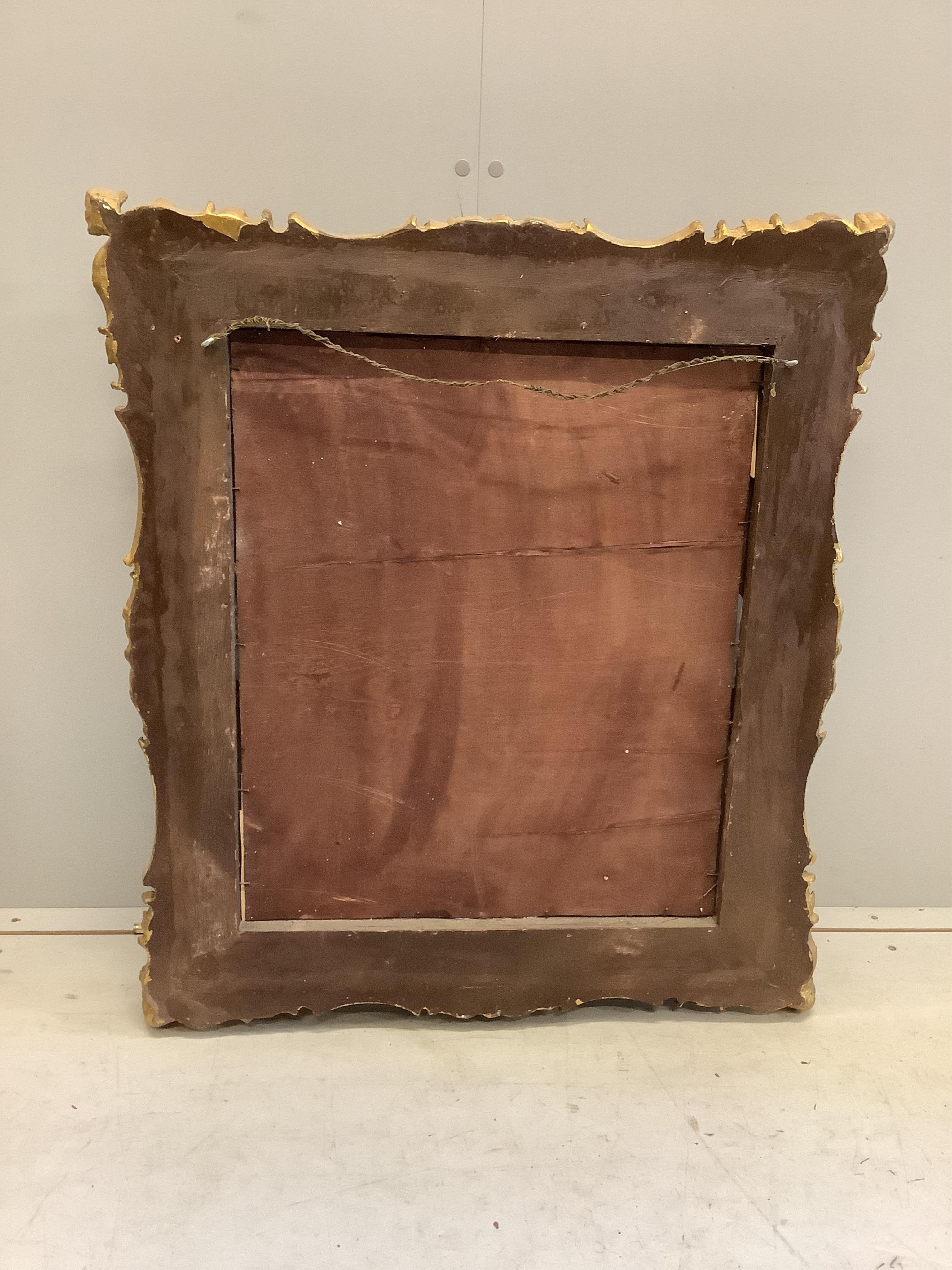 A pair of Victorian style gilt composition and faux marble wall mirrors, width 51cm, height 82cm, together with a similar larger mirror, width 77cm, height 87cm